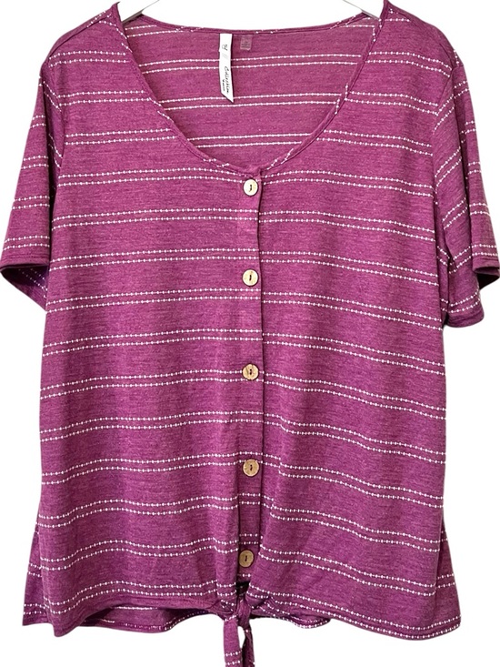 NY Collection Tops - NY Collections Button Down Top Short Sleeve Tie Front, Purple & White, Size 2X
